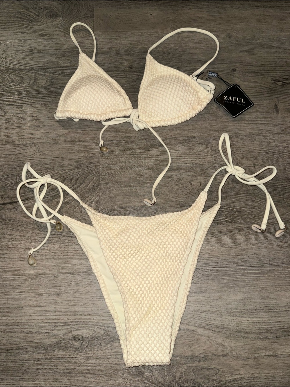 NWT Zaful Cream Waffle Texture Tie-Side Triangle Bikini